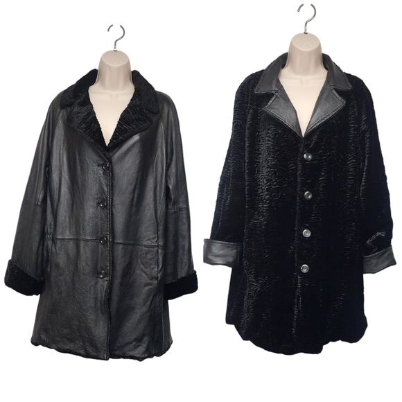 Bernardino Reversible Genuine Leather Mid Length Black Coat Jacket Size XL